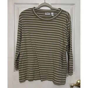 CHICO's Size 1 Cotton Boatneck‎ Shirt 3/4 Sleeve Sage Green/White Stripe